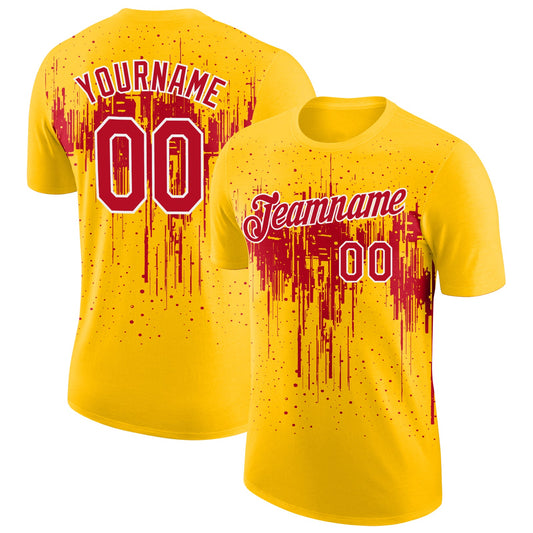 Custom Yellow Red-White Dripping Splatter Paint Performance T-Shirt - Main View