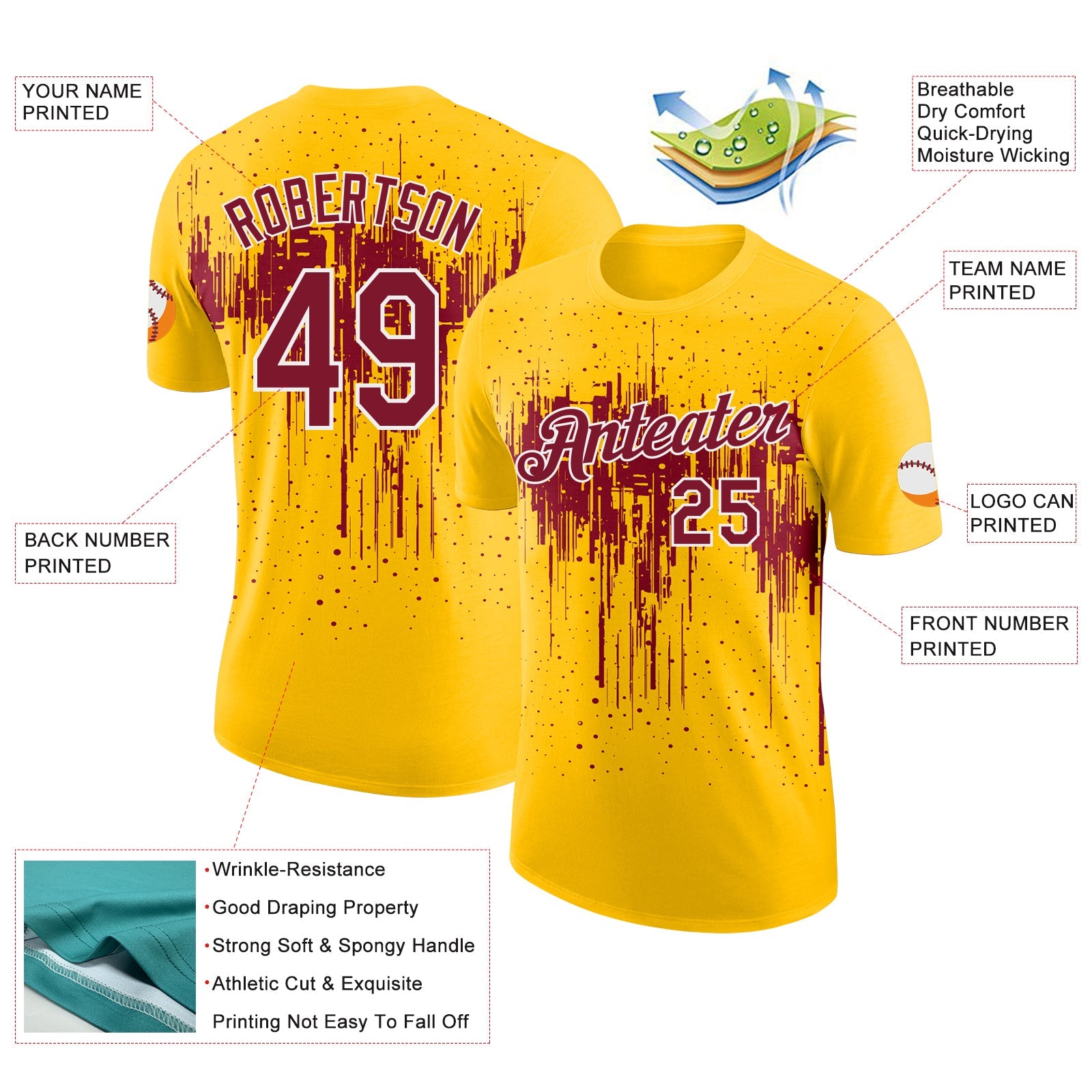 Custom Yellow Crimson-White Dripping Splatter Paint Performance T-Shirt view 2