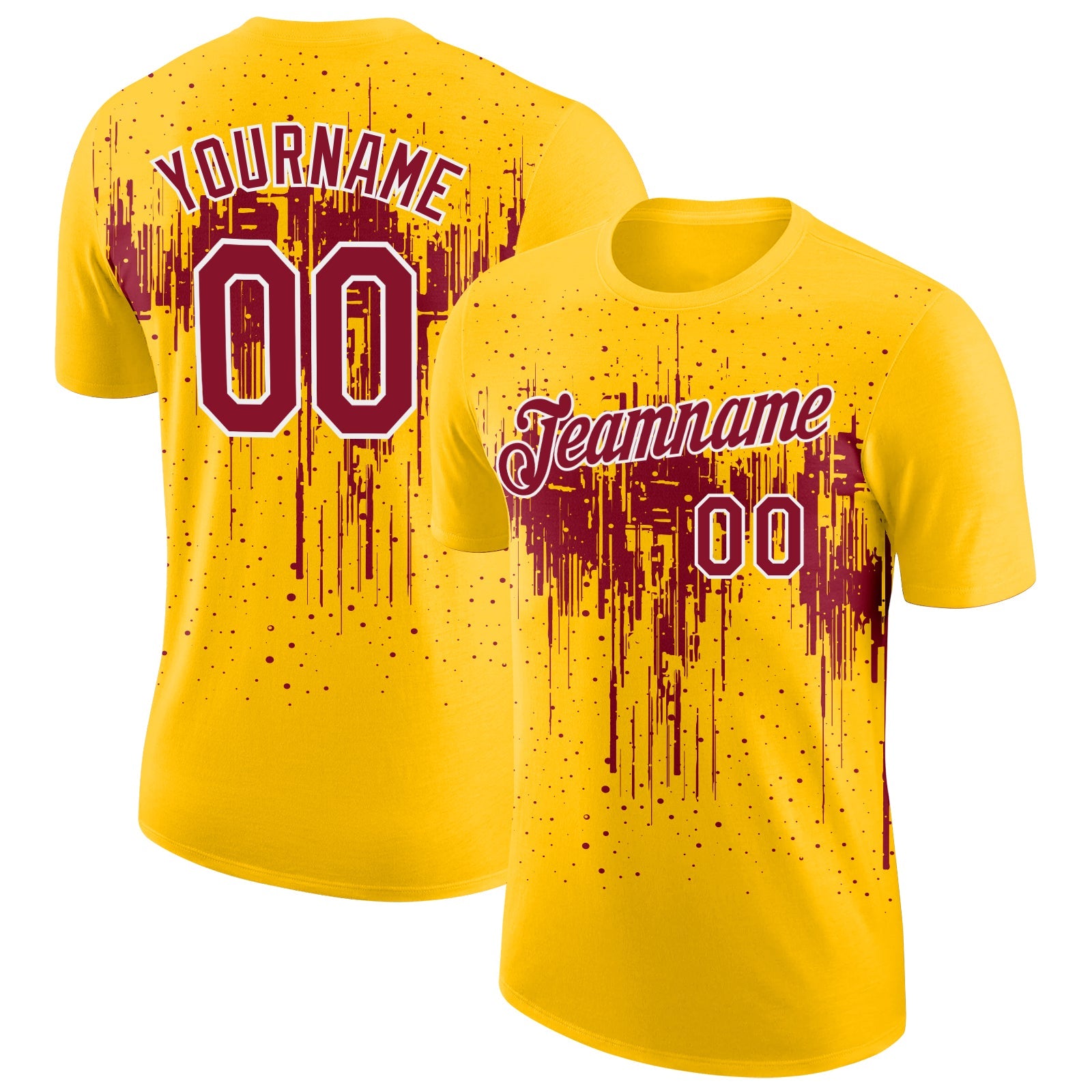 Custom Yellow Crimson-White Dripping Splatter Paint Performance T-Shirt - Main View