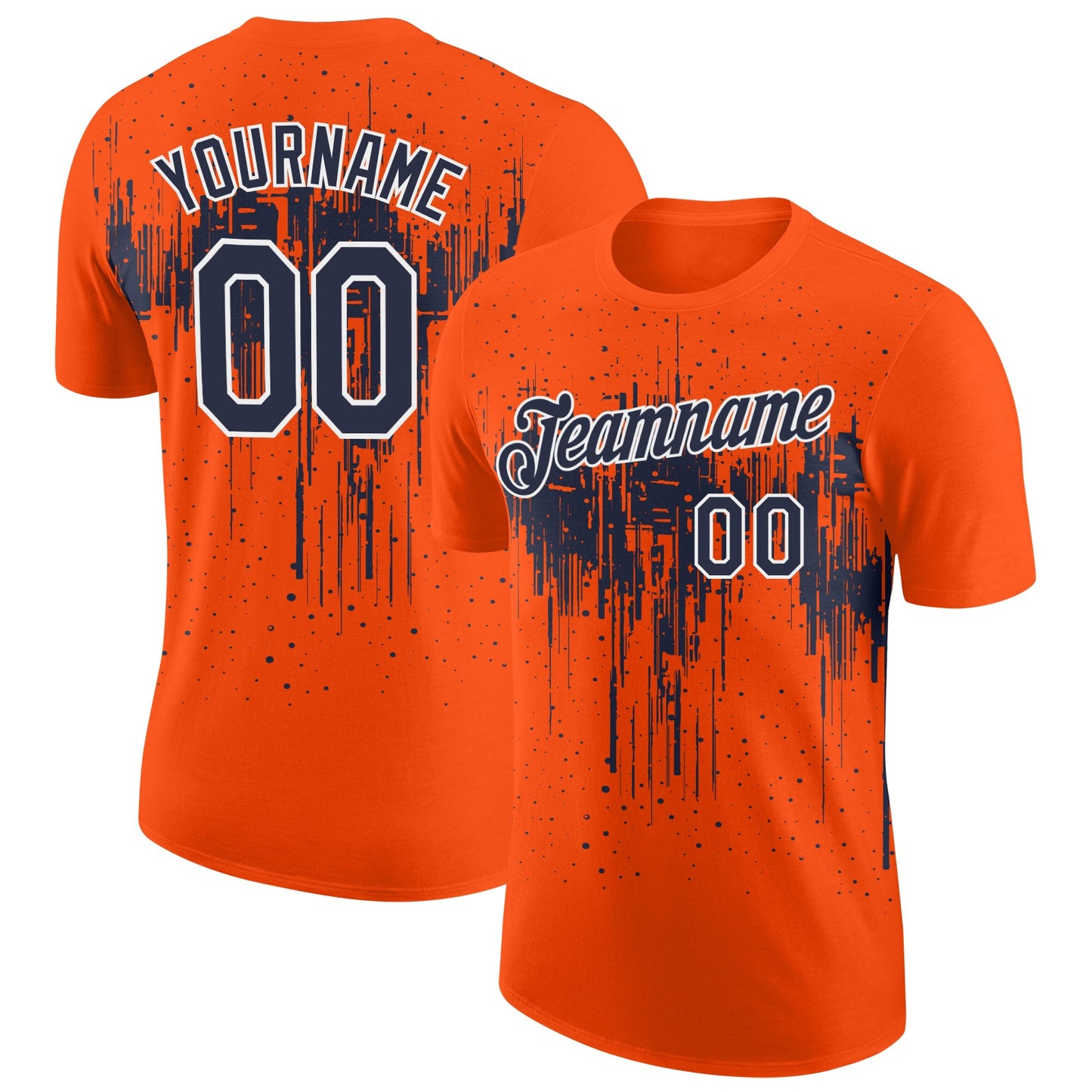 Custom Orange Navy-White Dripping Splatter Paint Performance T-Shirt - Main View