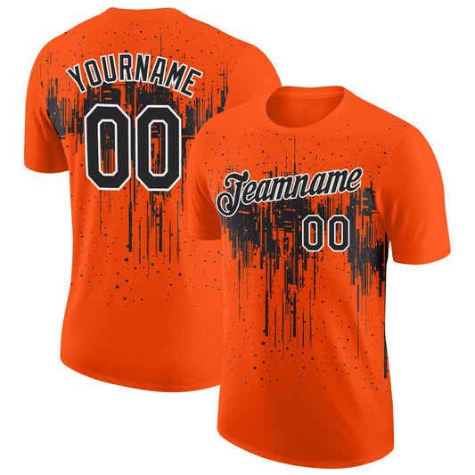 Custom Orange Black-White Dripping Splatter Paint Performance T-Shirt - Main View