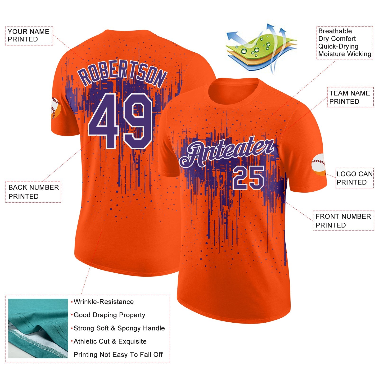 Custom Orange Purple-White Dripping Splatter Paint Performance T-Shirt view 2