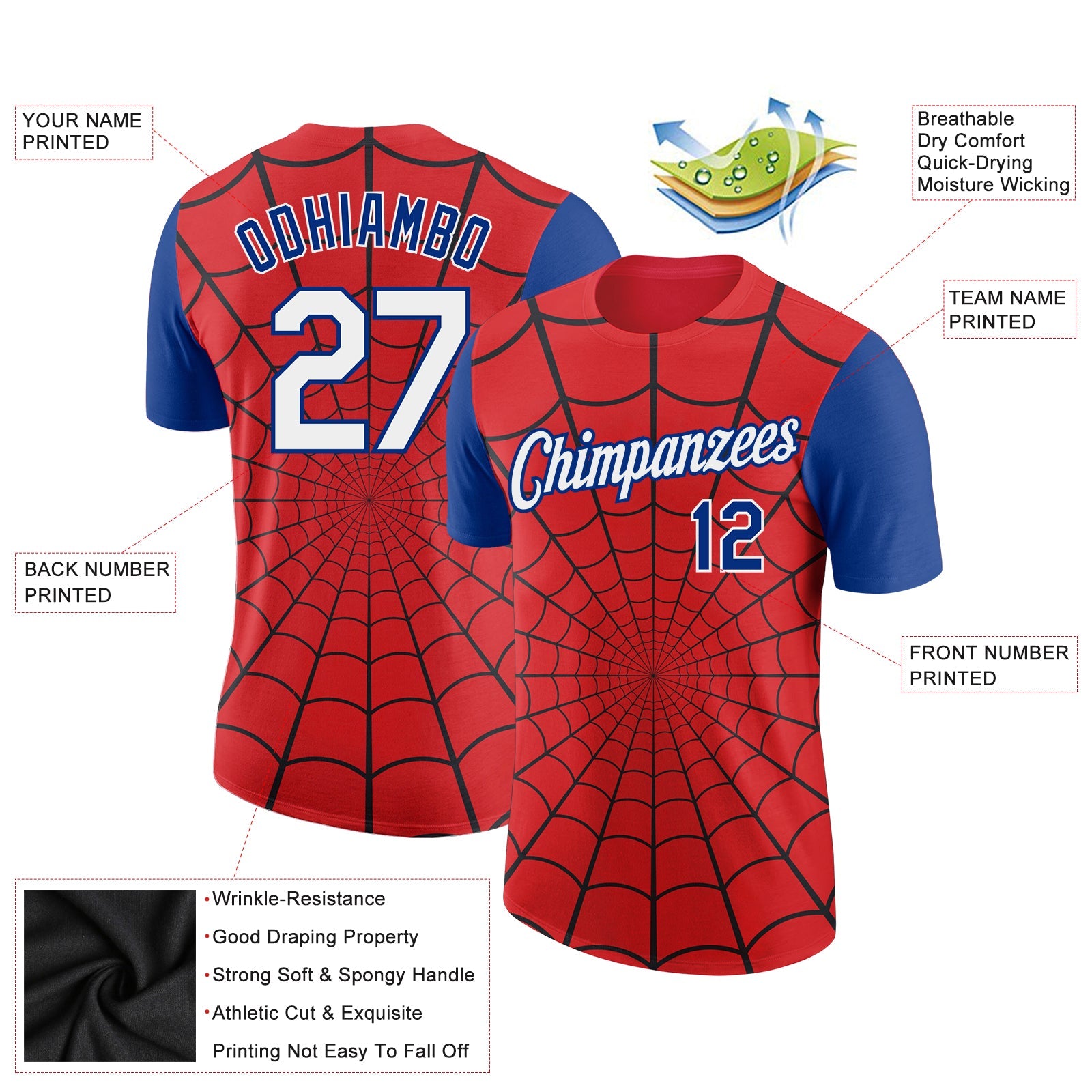 Custom Red White-Royal 3D Pattern Design Spider Performance T-Shirt view 3