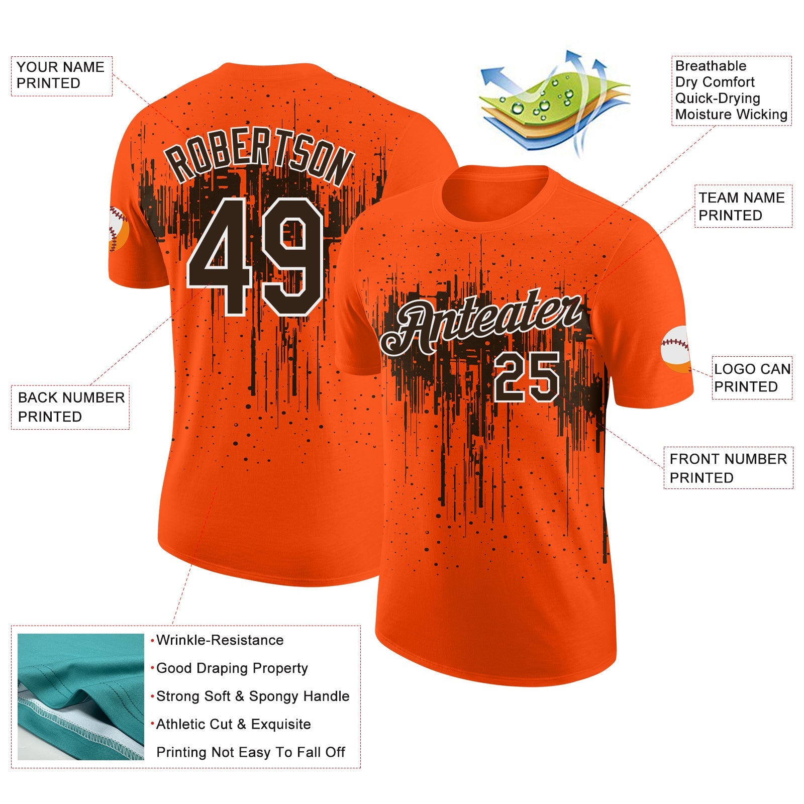 Custom Orange Brown-White Dripping Splatter Paint Performance T-Shirt view 2