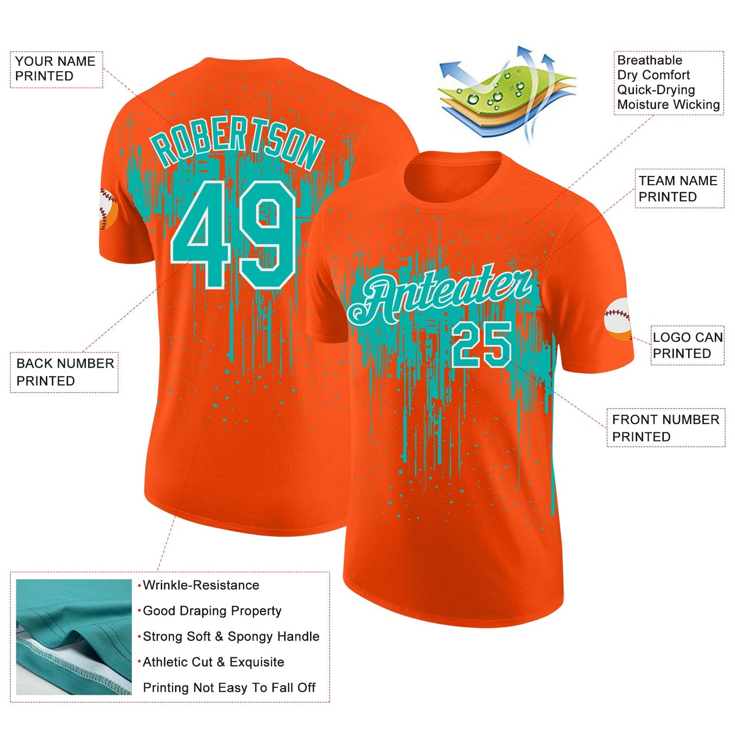 Custom Orange Aqua-White Dripping Splatter Paint Performance T-Shirt view 2