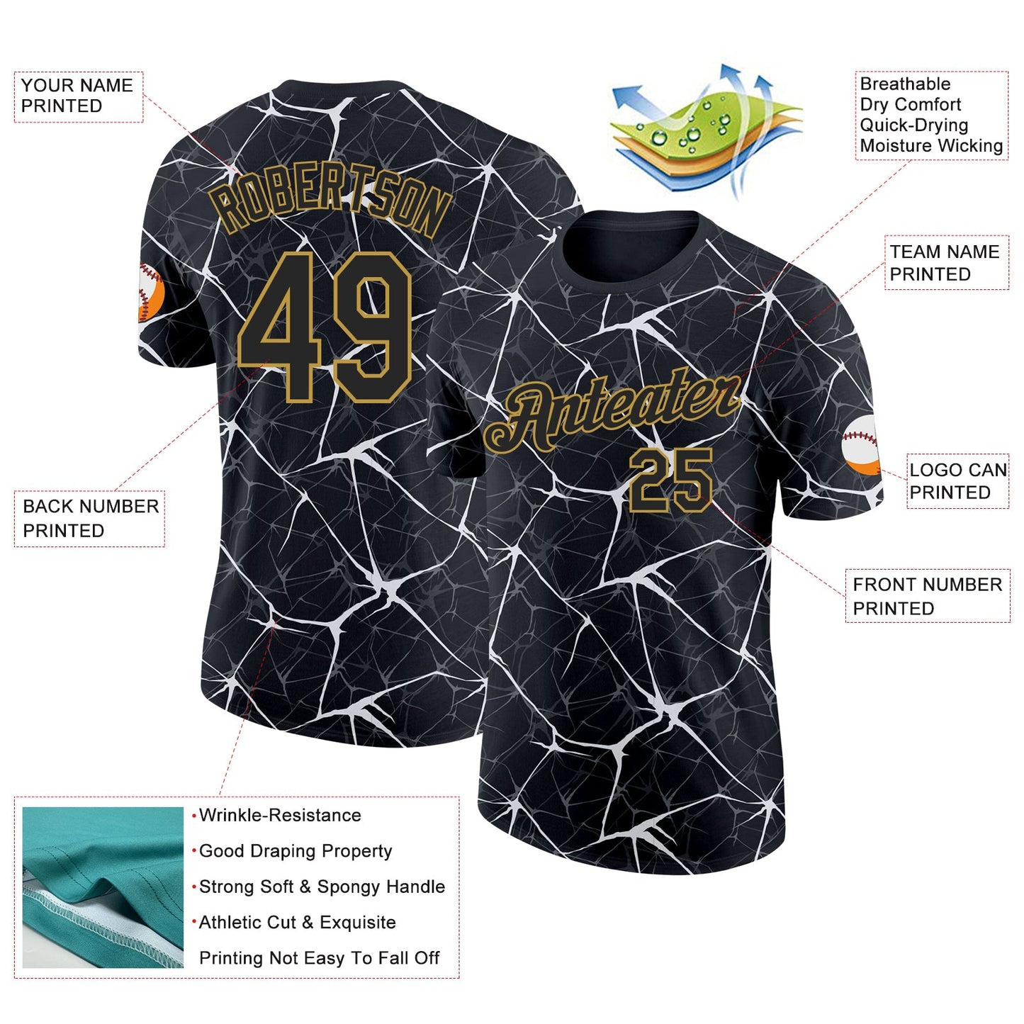 Custom Black White Gray-Old Gold Abstract Network Crackle Performance T-Shirt view 2