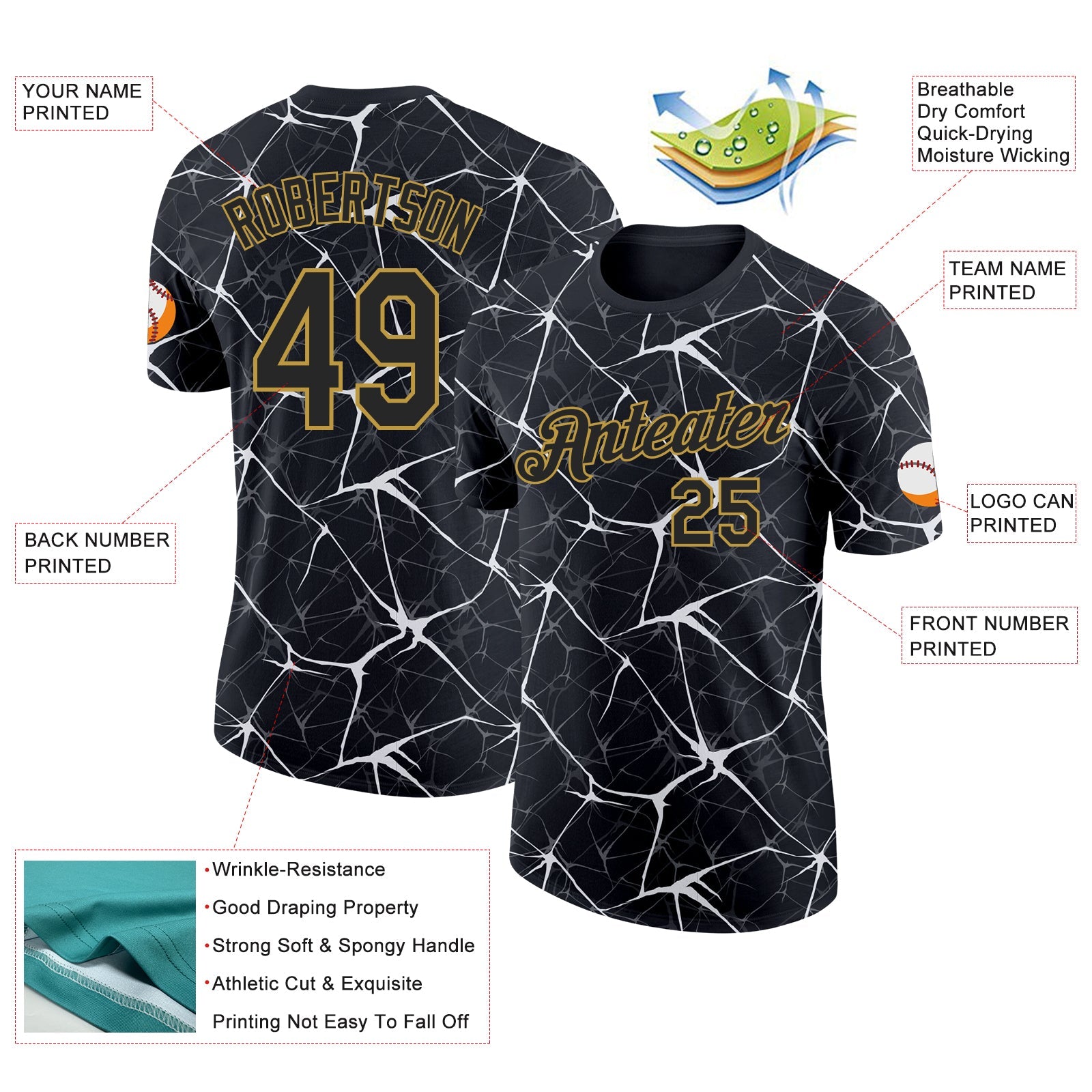 Custom Black White Gray-Old Gold Abstract Network Crackle Performance T-Shirt view 2