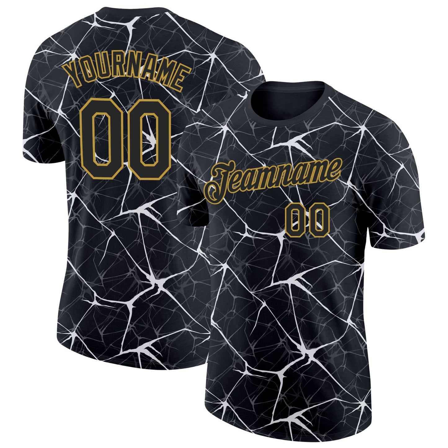Custom Black White Gray-Old Gold Abstract Network Crackle Performance T-Shirt - Main View