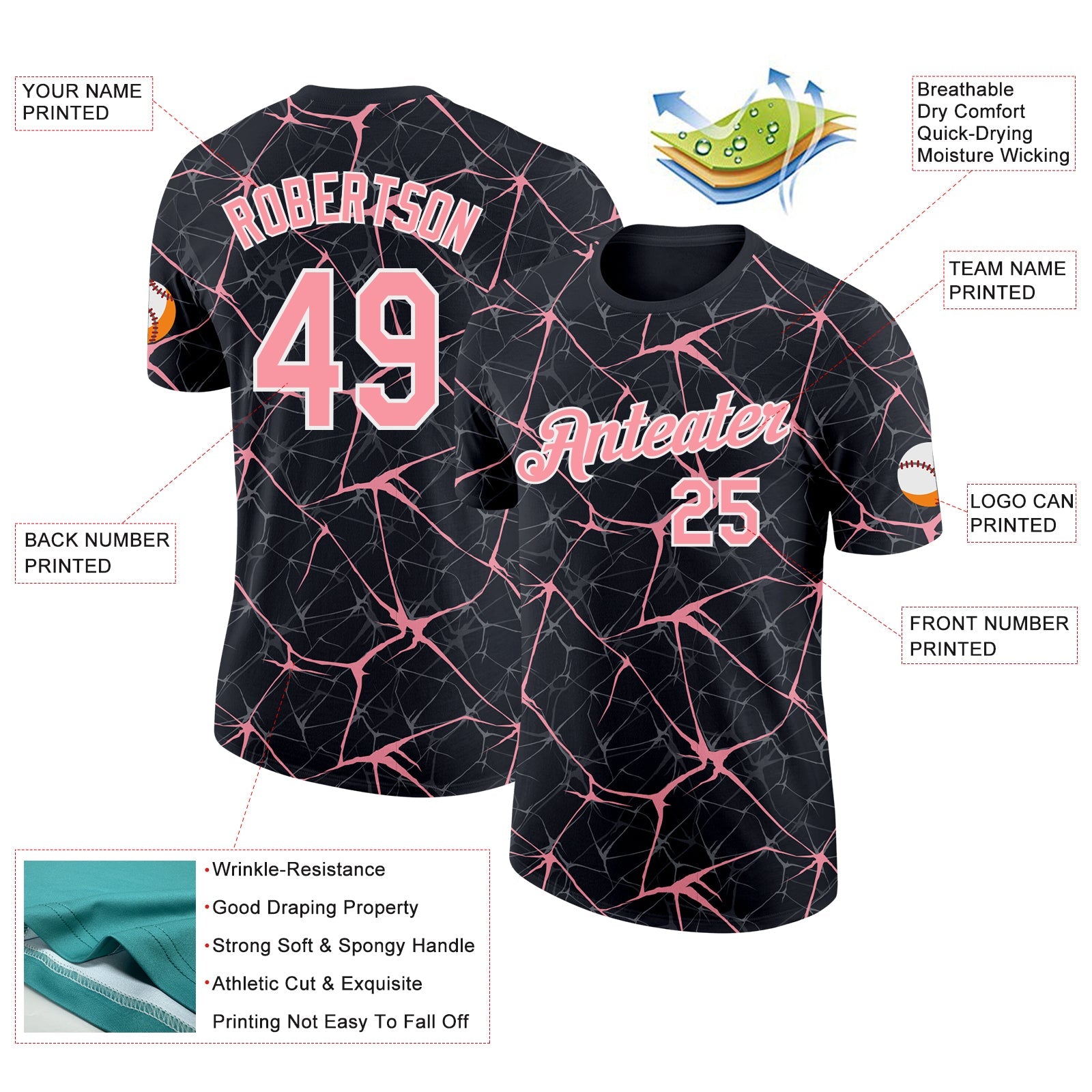 Custom Black Medium Pink Gray-White Abstract Network Crackle Performance T-Shirt view 2