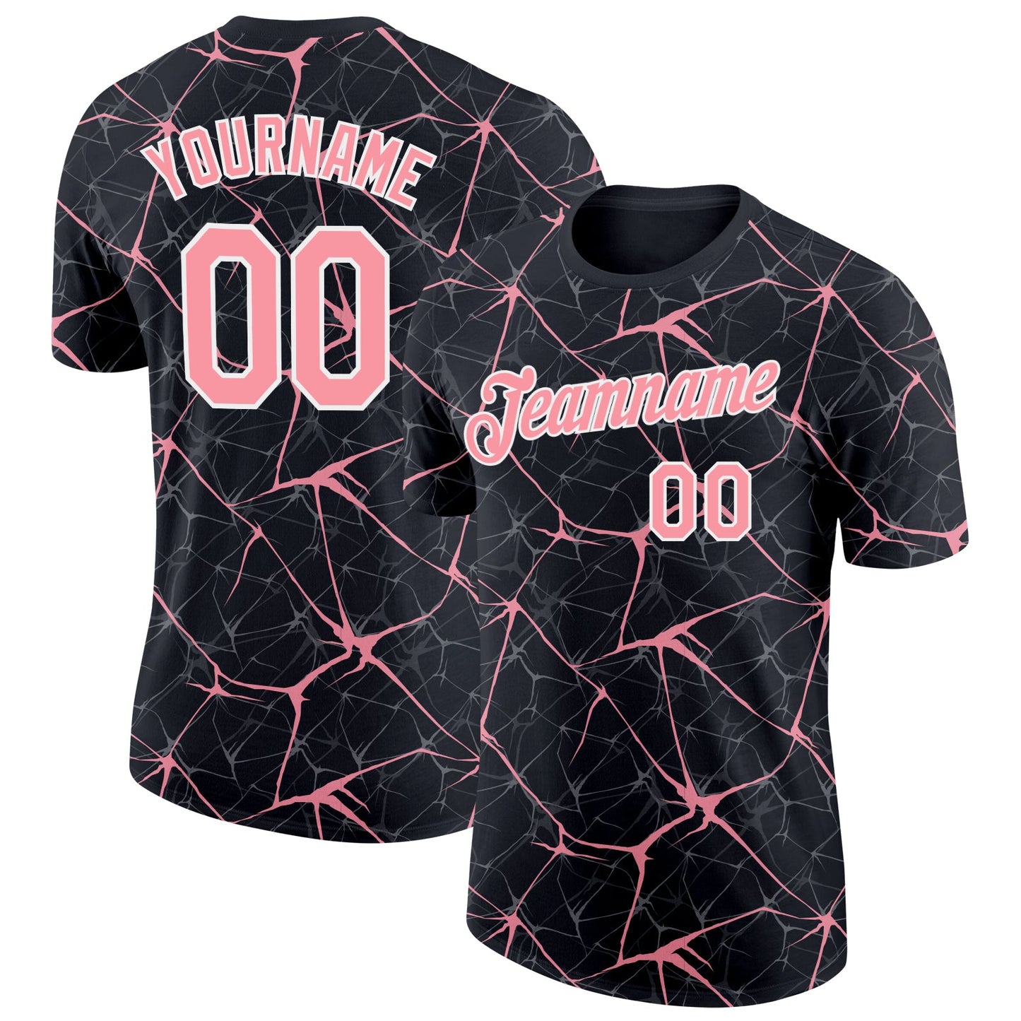 Custom Black Medium Pink Gray-White Abstract Network Crackle Performance T-Shirt - Main View