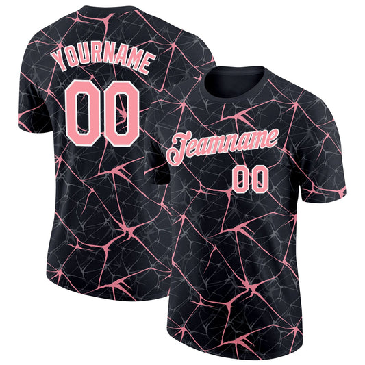 Custom Black Medium Pink Gray-White Abstract Network Crackle Performance T-Shirt - Main View