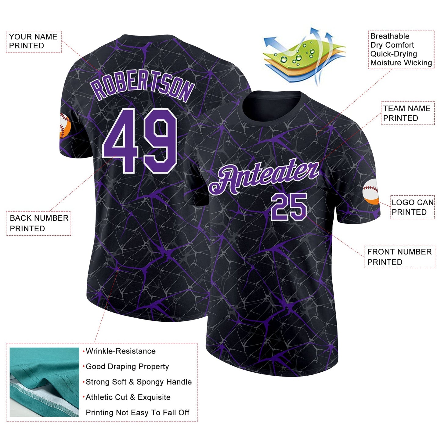 Custom Black Purple Gray-White Abstract Network Crackle Performance T-Shirt view 2