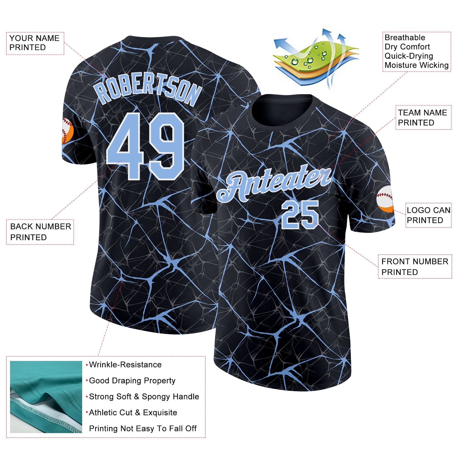 Custom Black Light Blue Gray-White Abstract Network Crackle Performance T-Shirt view 2
