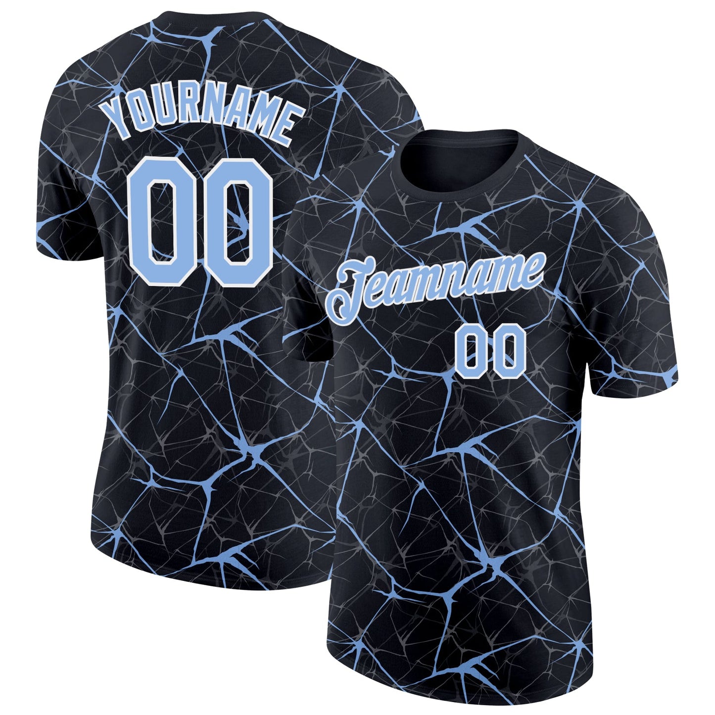 Custom Black Light Blue Gray-White Abstract Network Crackle Performance T-Shirt - Main View
