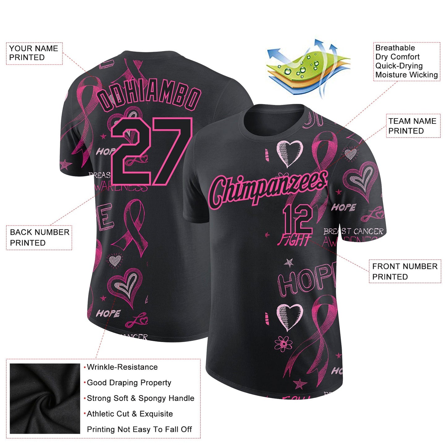 Custom Black Pink 3D Pattern Design Pink Ribbon Breast Cancer Awareness Month Women Health Care Support Performance T-Shirt view 2