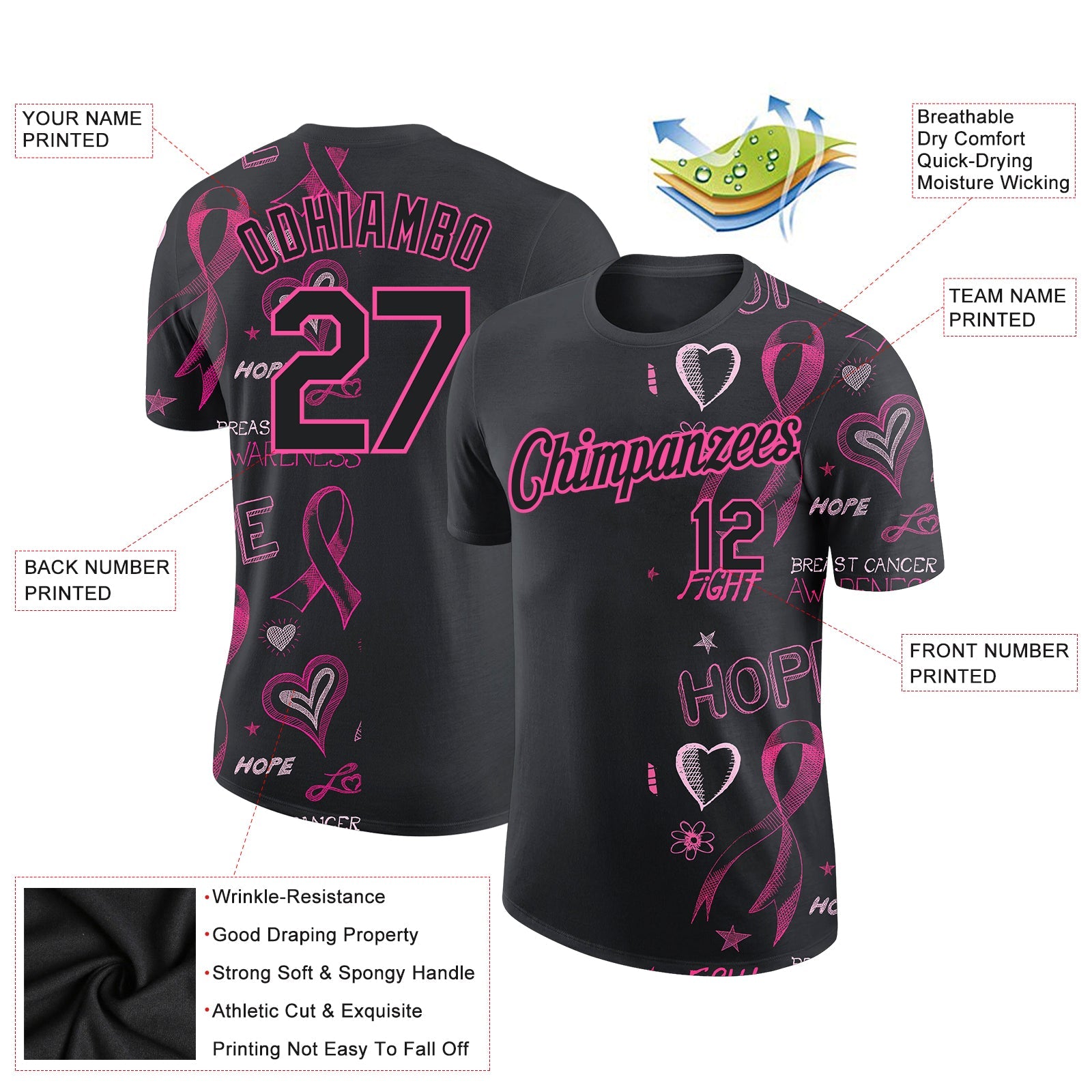 Custom Black Pink 3D Pattern Design Pink Ribbon Breast Cancer Awareness Month Women Health Care Support Performance T-Shirt view 2