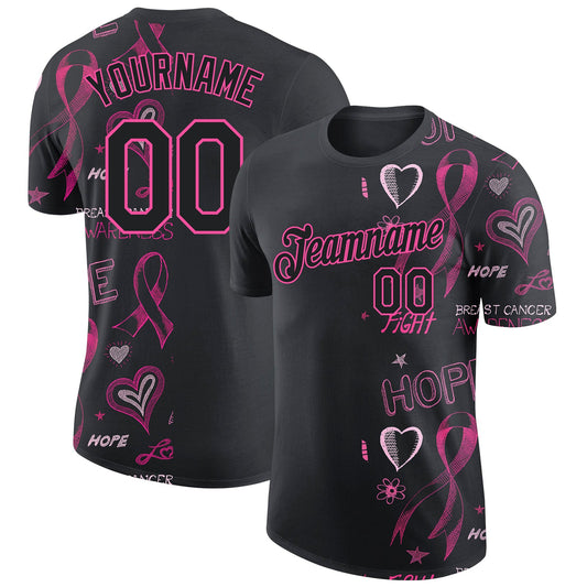 Custom Black Pink 3D Pattern Design Pink Ribbon Breast Cancer Awareness Month Women Health Care Support Performance T-Shirt - Main View