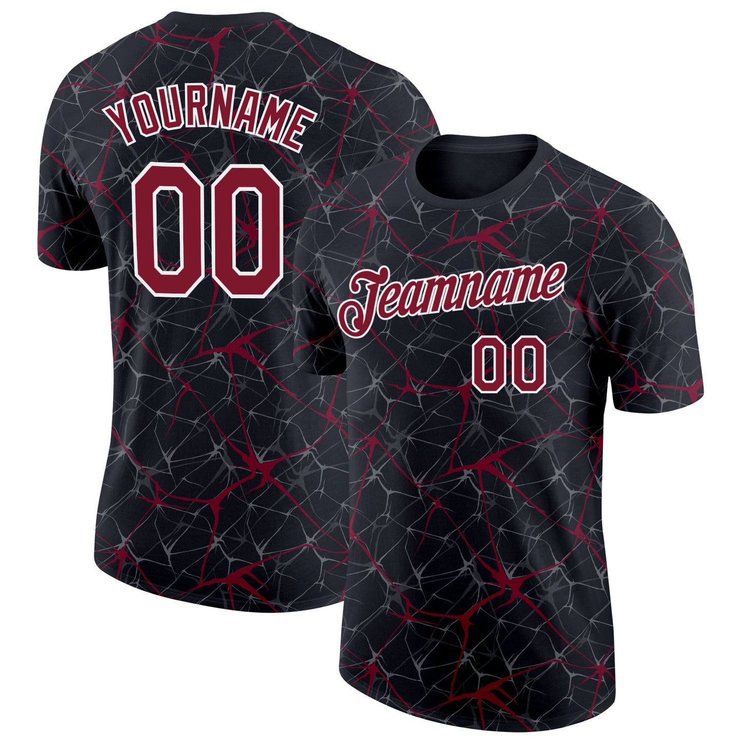 Custom Black Crimson Gray-White Abstract Network Crackle Performance T-Shirt - Main View