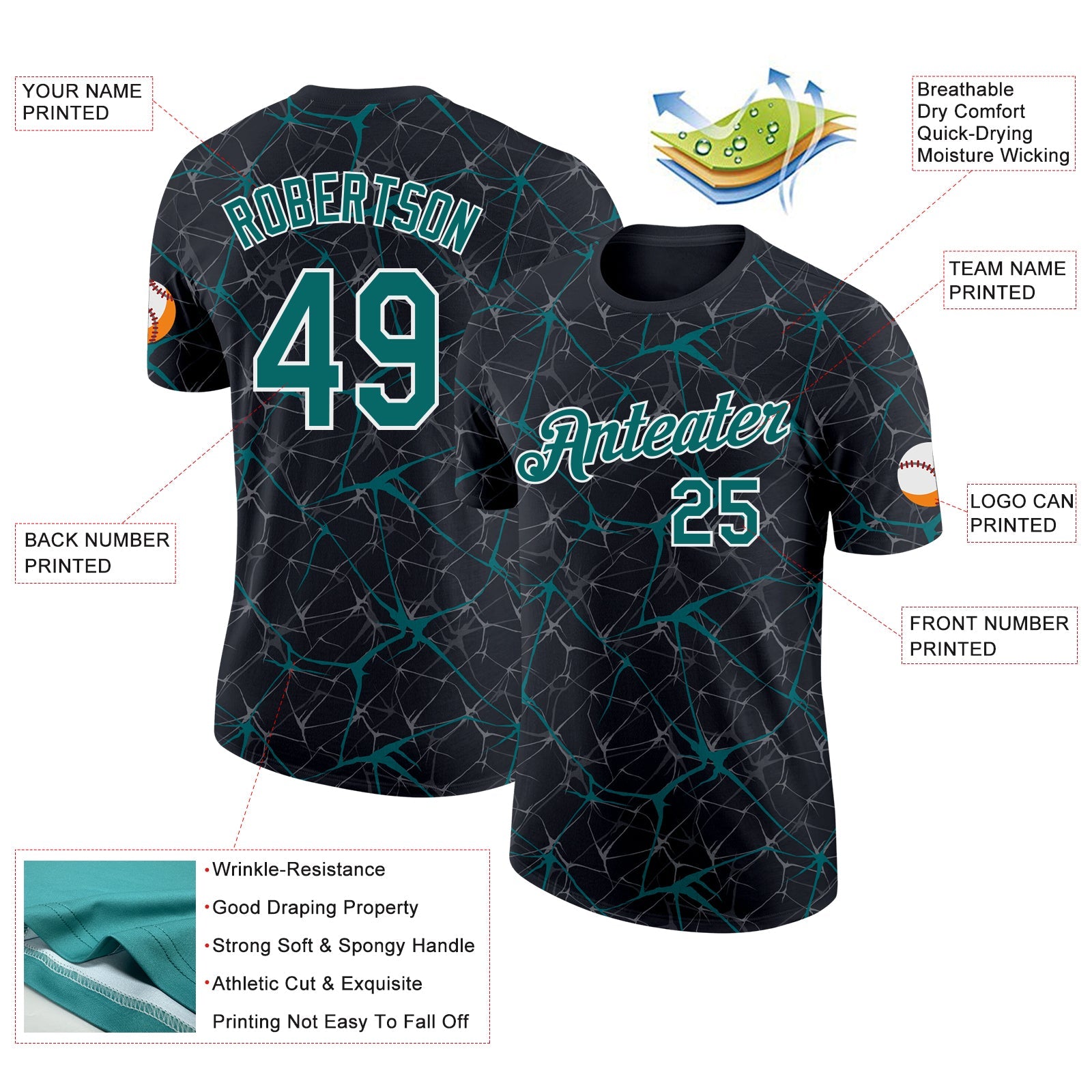 Custom Black Teal Gray-White Abstract Network Crackle Performance T-Shirt view 2