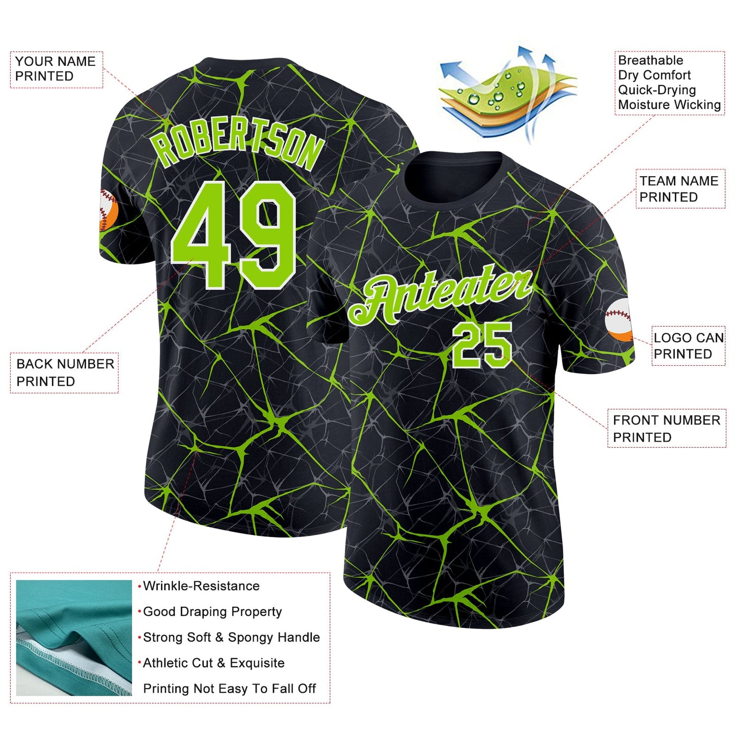 Custom Black Neon Green Gray-White Abstract Network Crackle Performance T-Shirt view 2
