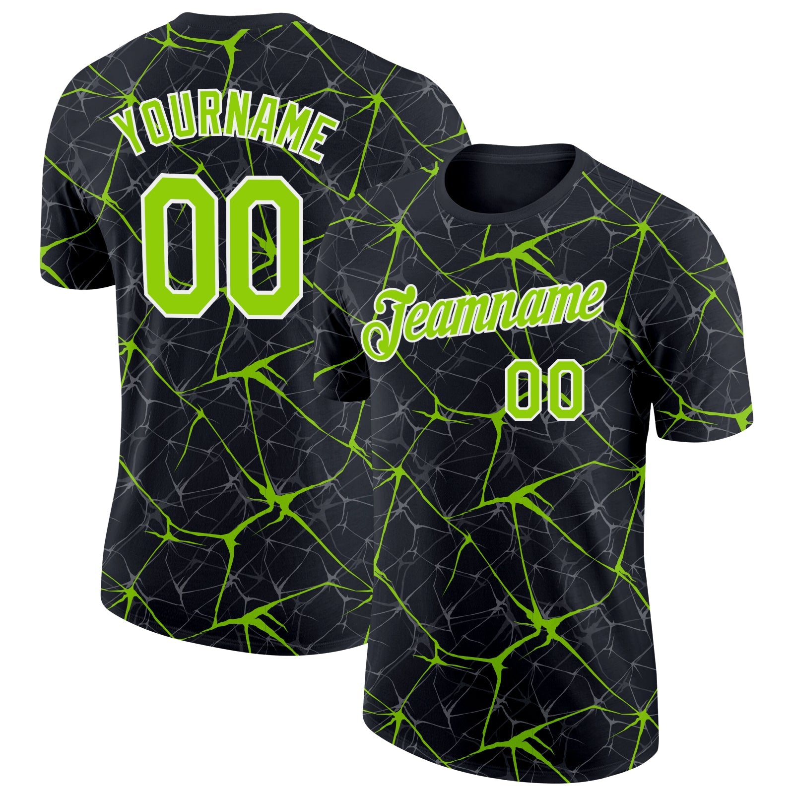 Custom Black Neon Green Gray-White Abstract Network Crackle Performance T-Shirt - Main View