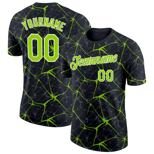 Custom Black Neon Green Gray-White Abstract Network Crackle Performance T-Shirt - Main View