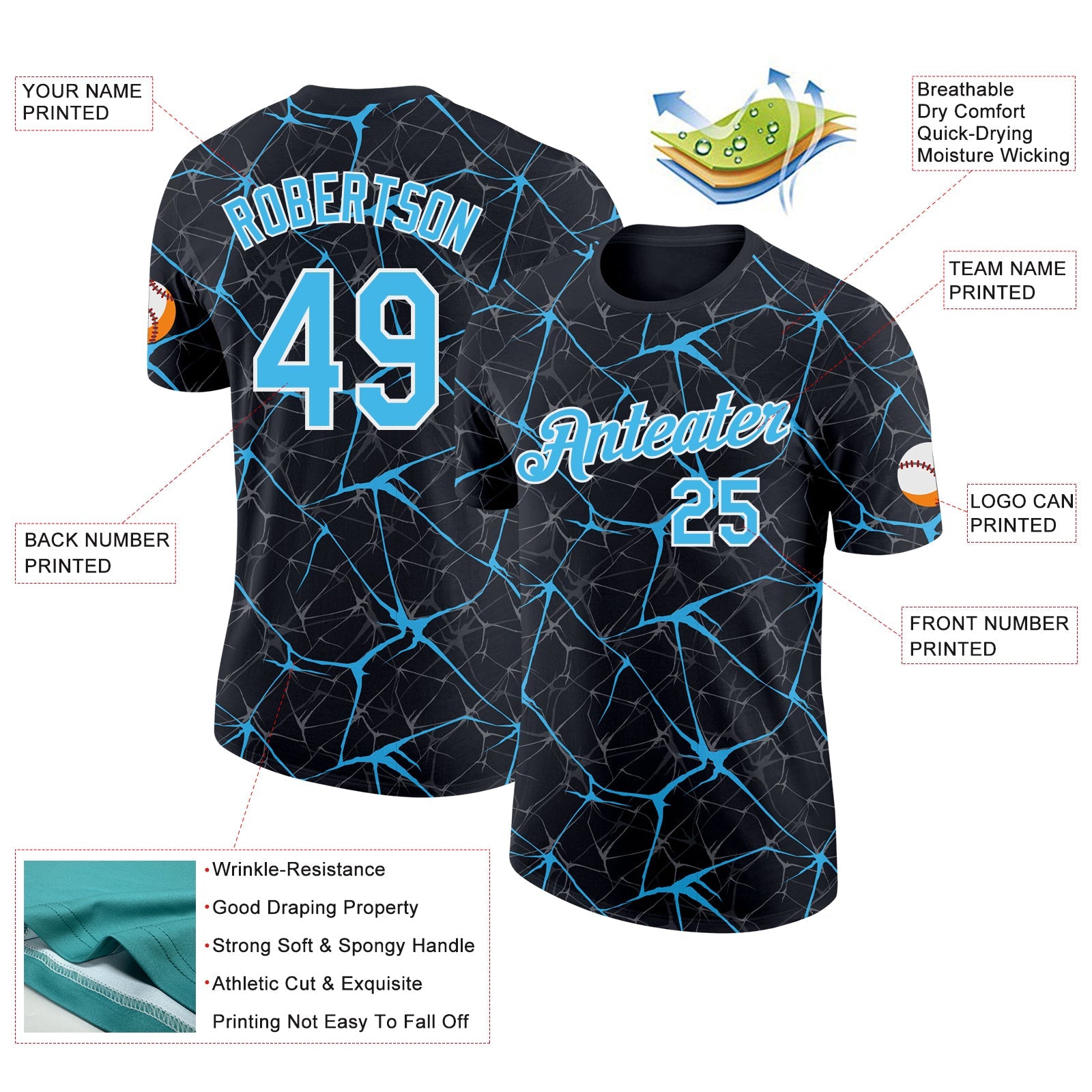 Custom Black Sky Blue Gray-White Abstract Network Crackle Performance T-Shirt view 2