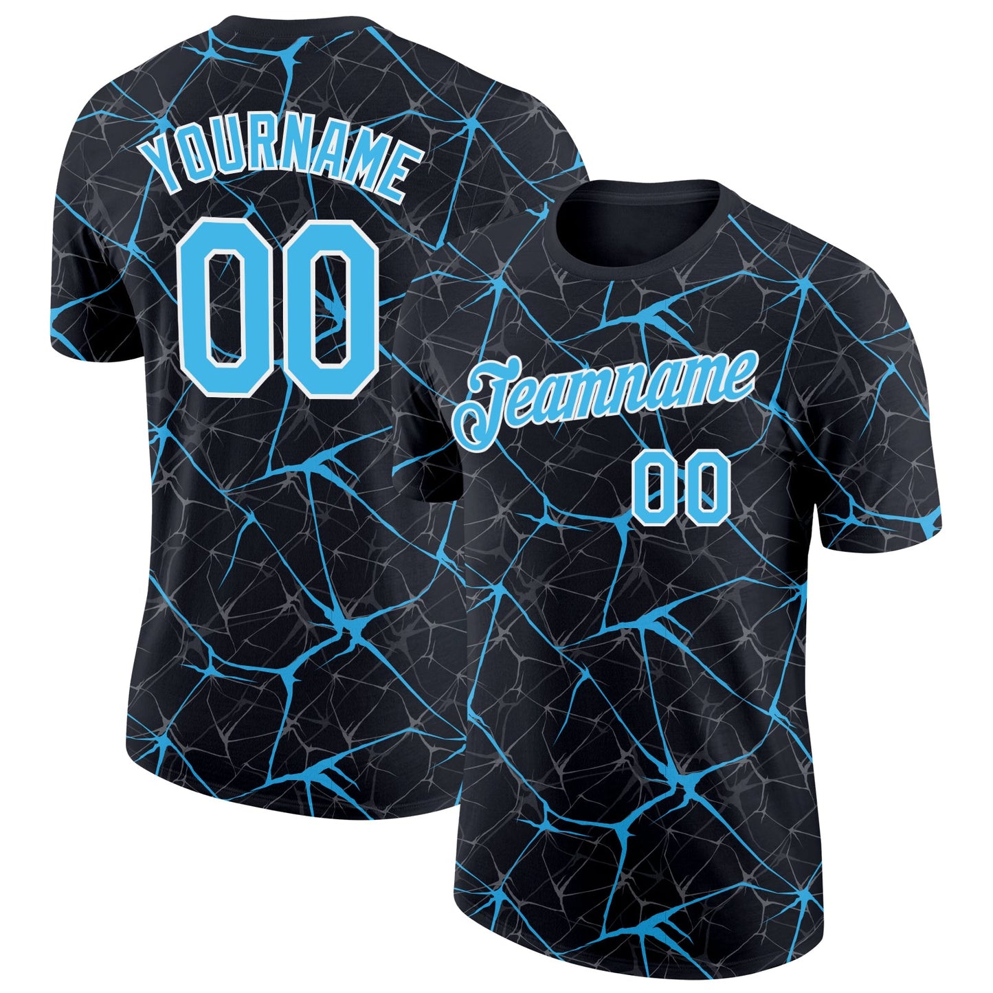 Custom Black Sky Blue Gray-White Abstract Network Crackle Performance T-Shirt - Main View