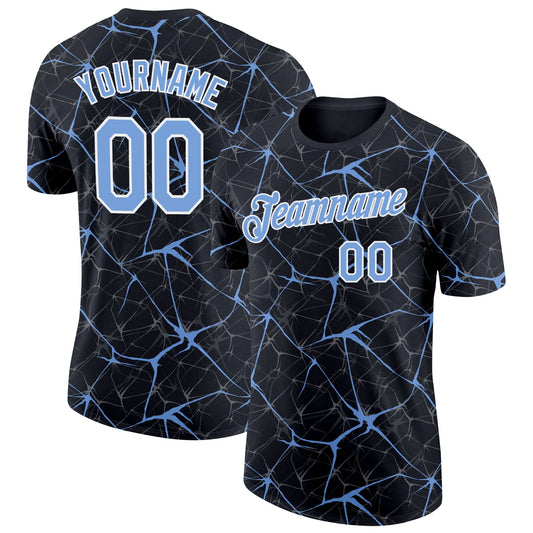 Custom Black Powder Blue Gray-White Abstract Network Crackle Performance T-Shirt - Main View