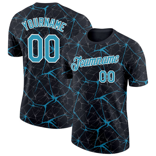 Custom Black Panther Blue Gray-White Abstract Network Crackle Performance T-Shirt - Main View