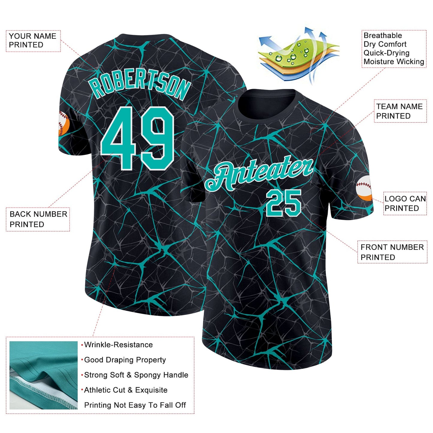 Custom Black Aqua Gray-White Abstract Network Crackle Performance T-Shirt view 2