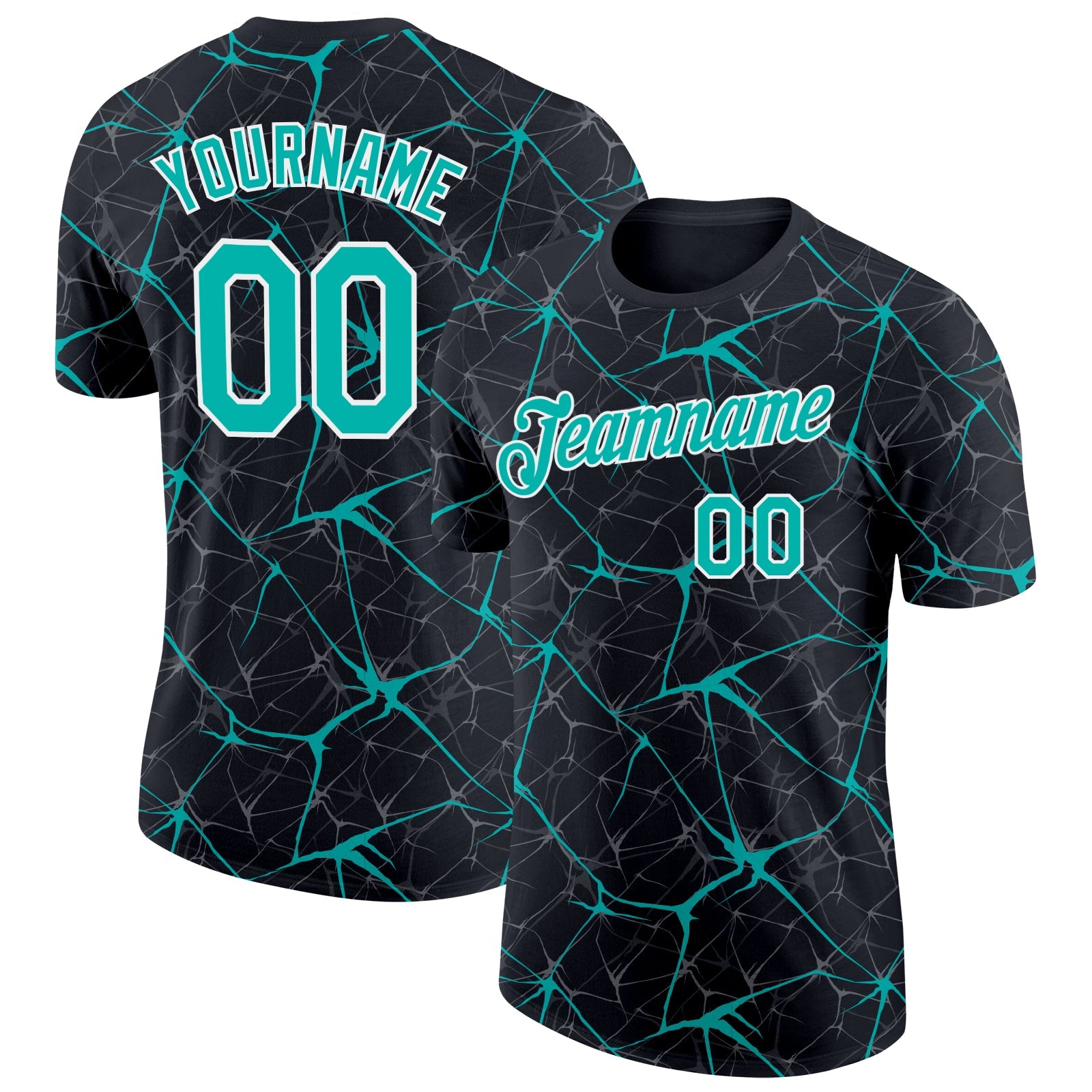 Custom Black Aqua Gray-White Abstract Network Crackle Performance T-Shirt - Main View