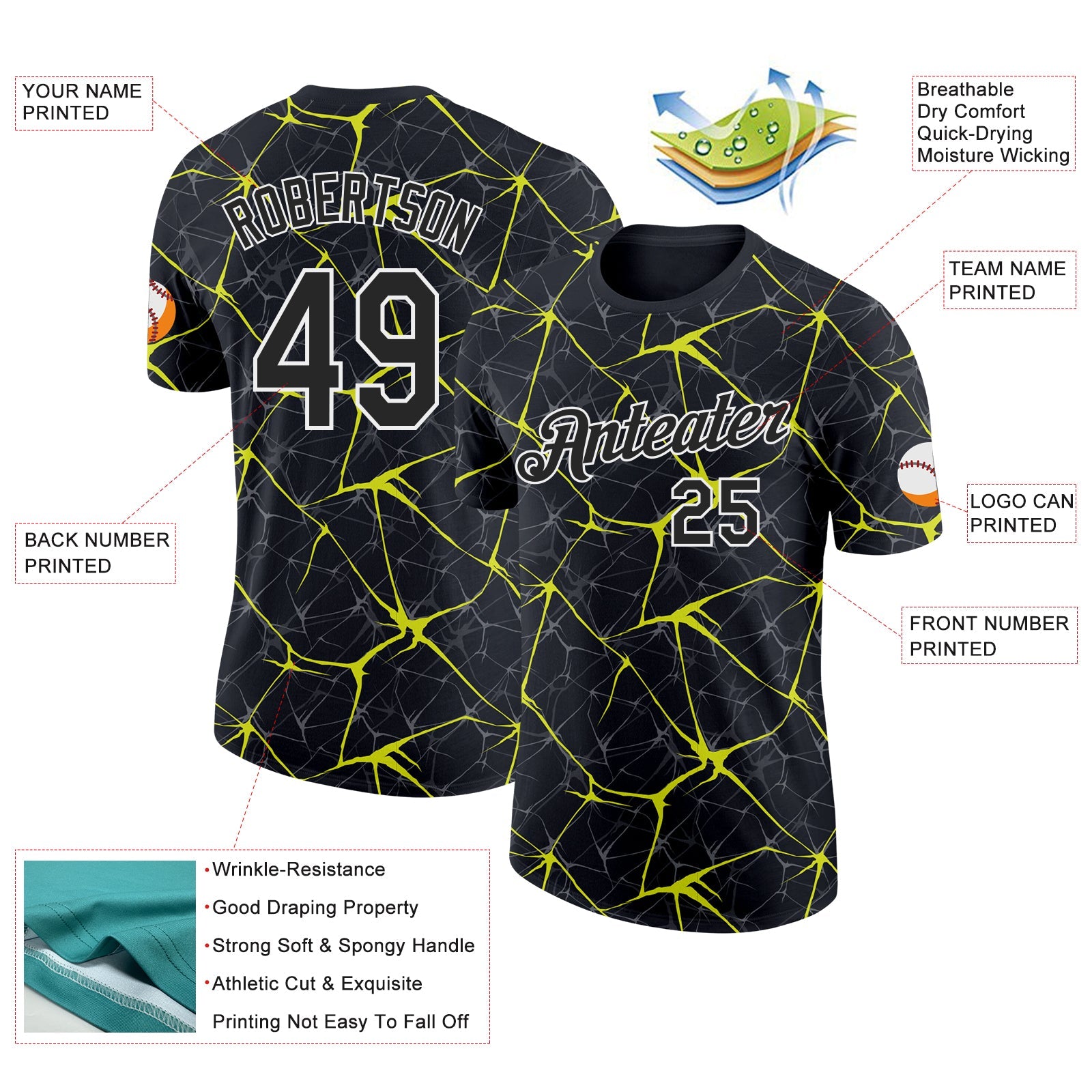 Custom Black Neon Yellow Gray-White Abstract Network Crackle Performance T-Shirt view 2