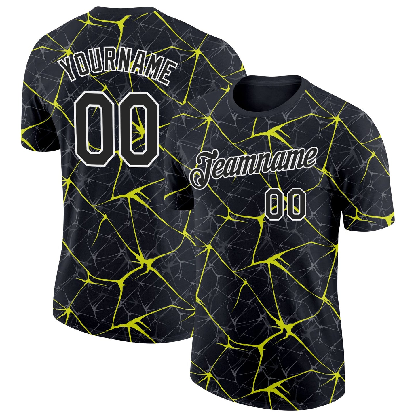 Custom Black Neon Yellow Gray-White Abstract Network Crackle Performance T-Shirt - Main View