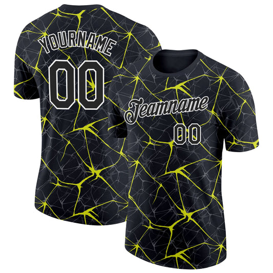 Custom Black Neon Yellow Gray-White Abstract Network Crackle Performance T-Shirt - Main View