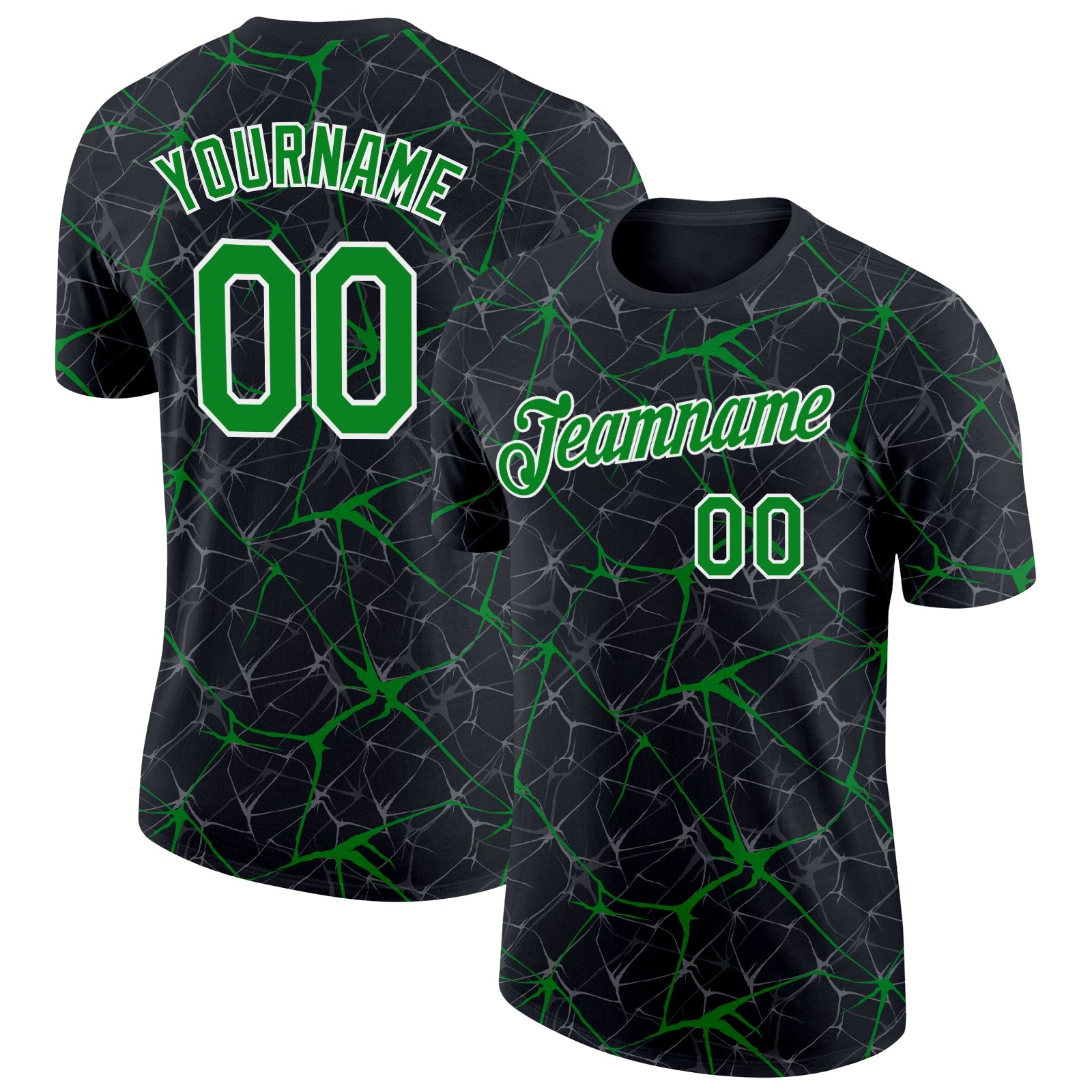 Custom Black Grass Green Gray-White Abstract Network Crackle Performance T-Shirt - Main View