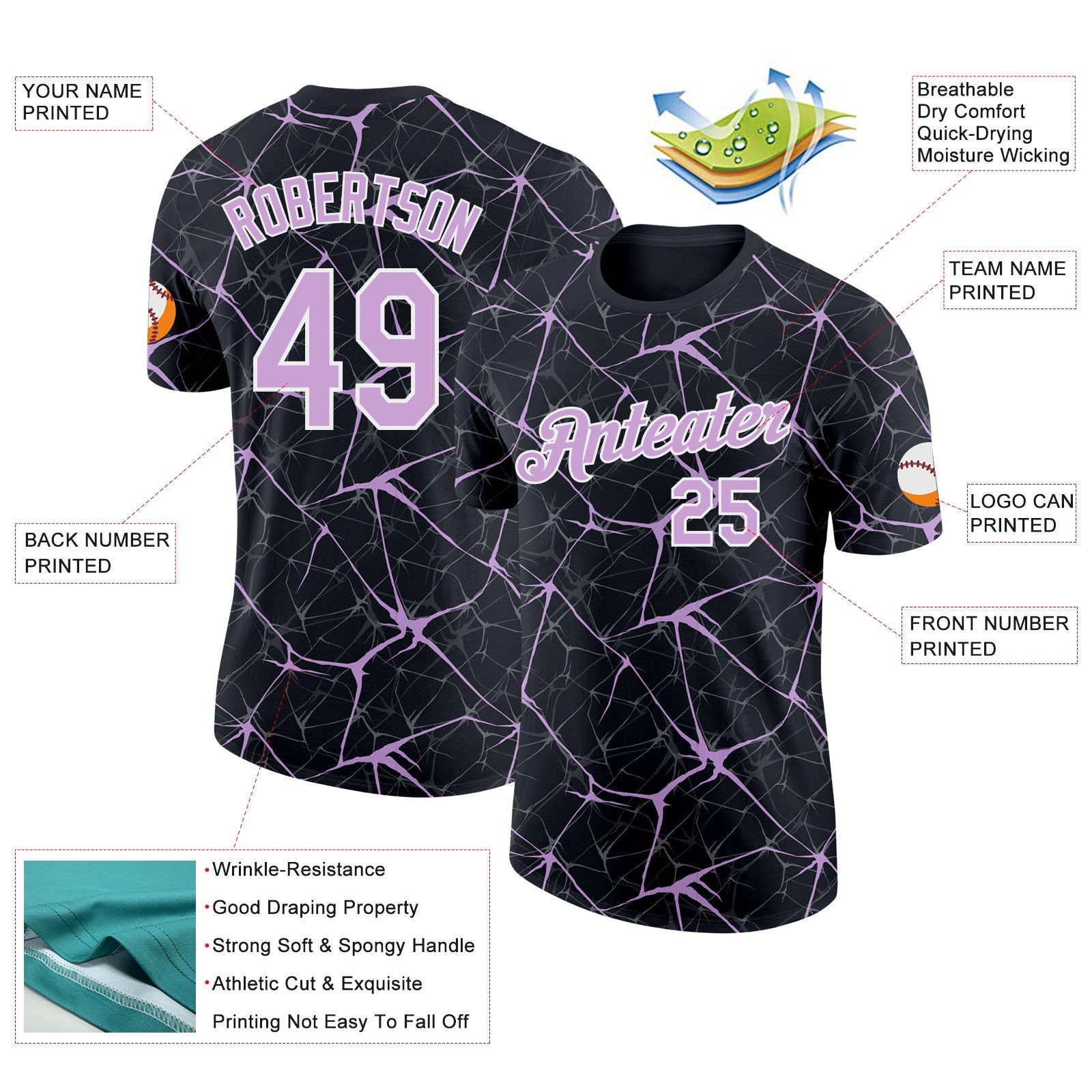 Custom Black Light Purple Gray-White Abstract Network Crackle Performance T-Shirt view 2