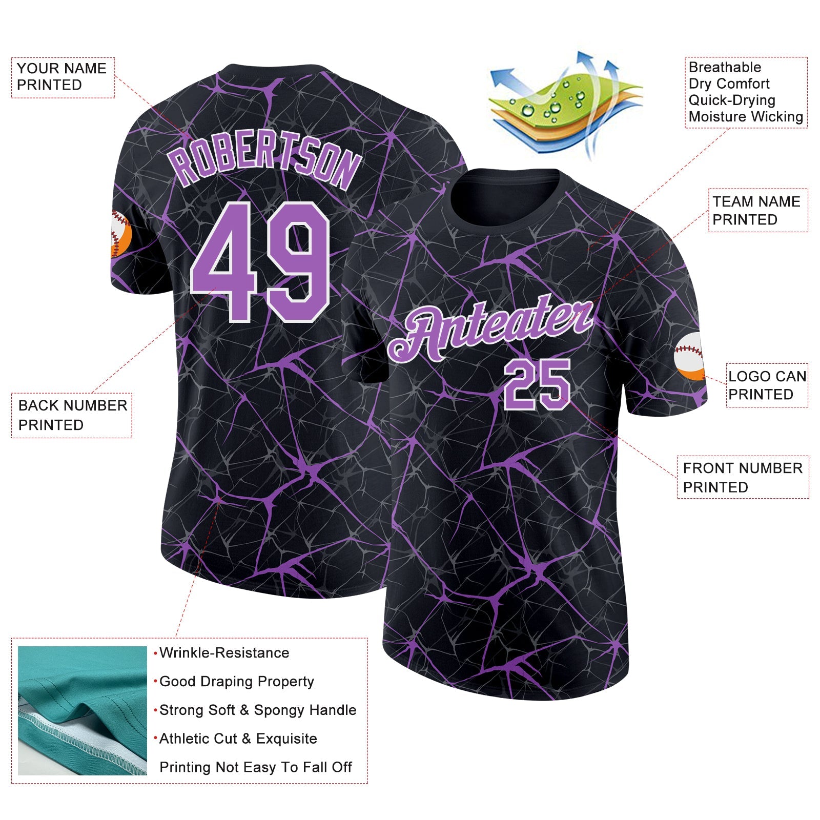 Custom Black Medium Purple Gray-White Abstract Network Crackle Performance T-Shirt view 2