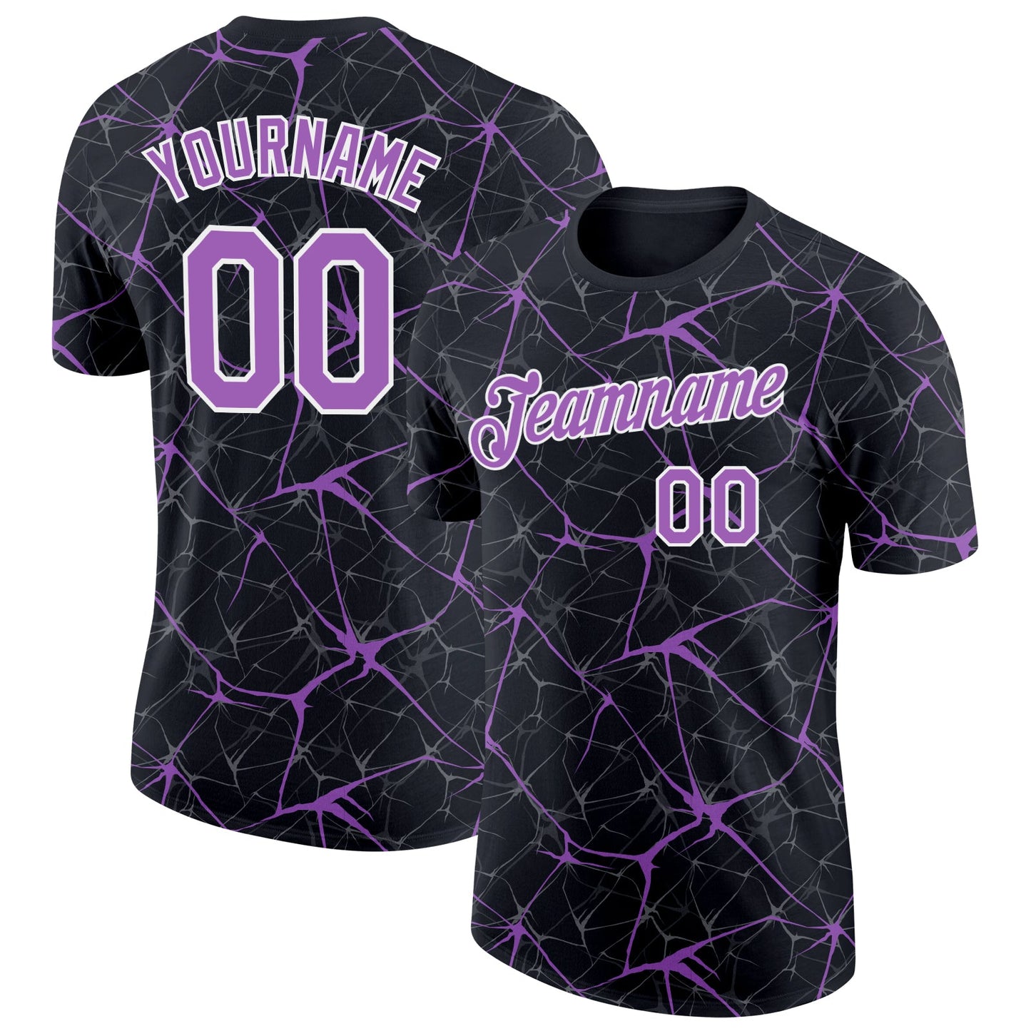 Custom Black Medium Purple Gray-White Abstract Network Crackle Performance T-Shirt - Main View
