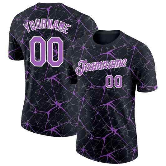 Custom Black Medium Purple Gray-White Abstract Network Crackle Performance T-Shirt - Main View
