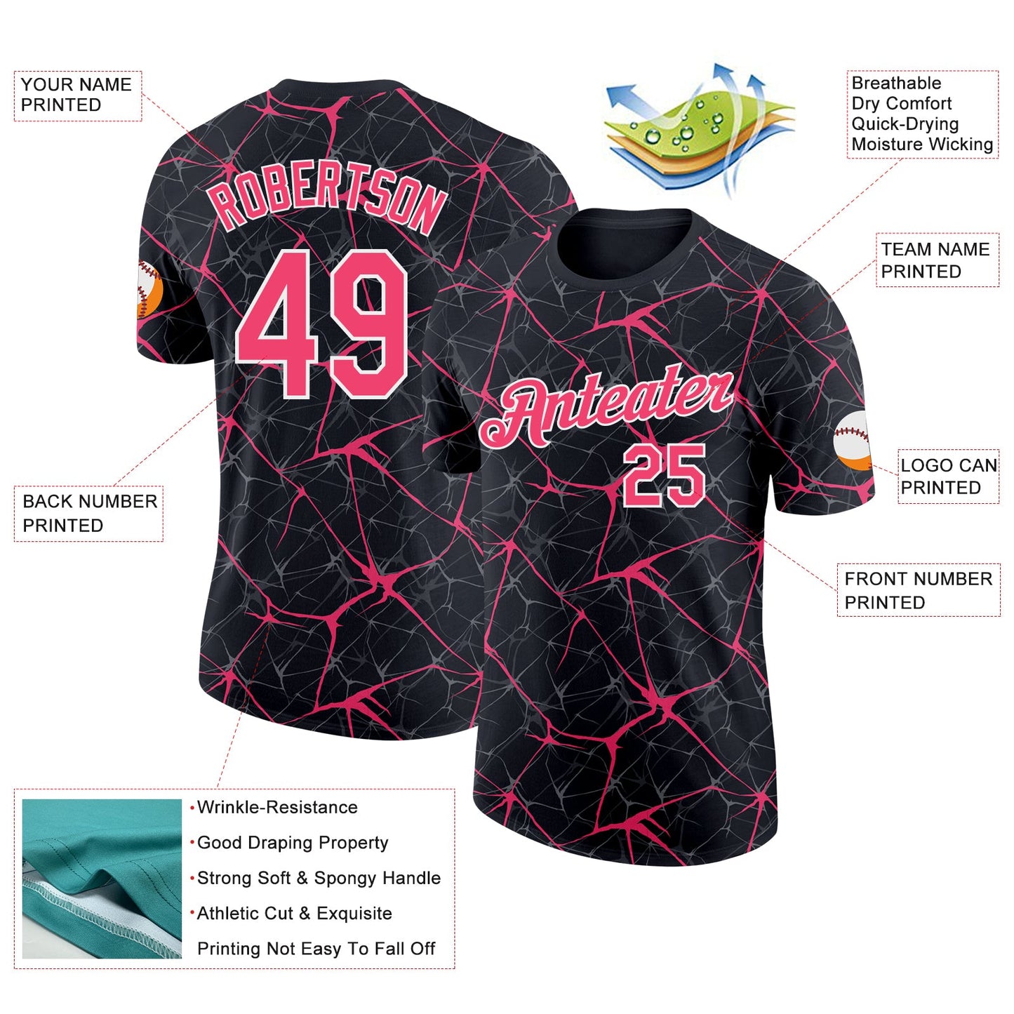 Custom Black Neon Pink Gray-White Abstract Network Crackle Performance T-Shirt view 2