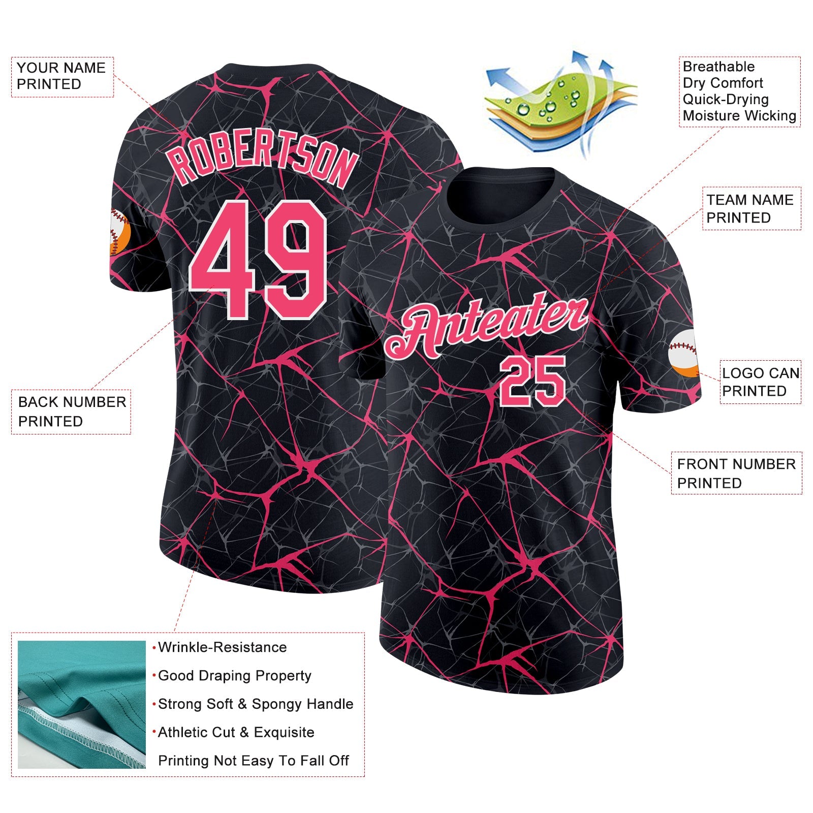 Custom Black Neon Pink Gray-White Abstract Network Crackle Performance T-Shirt view 2