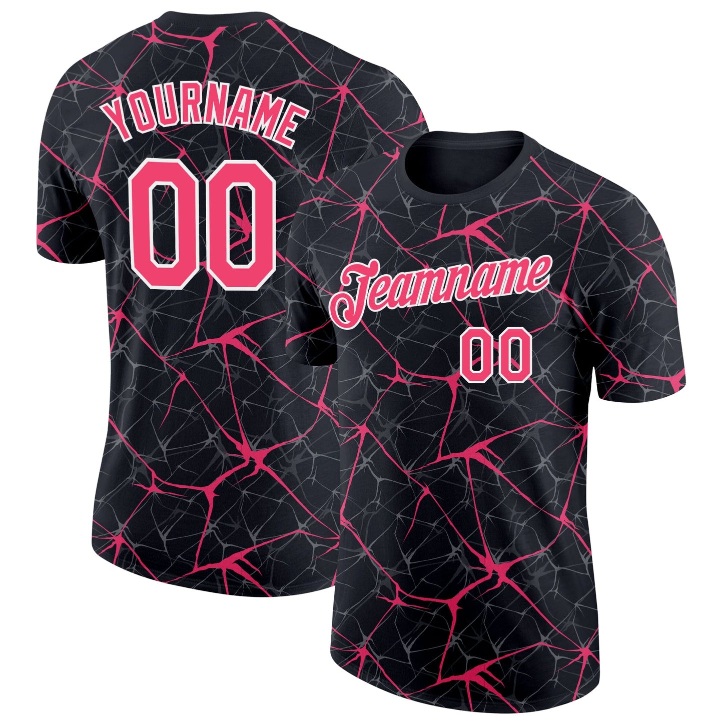 Custom Black Neon Pink Gray-White Abstract Network Crackle Performance T-Shirt - Main View