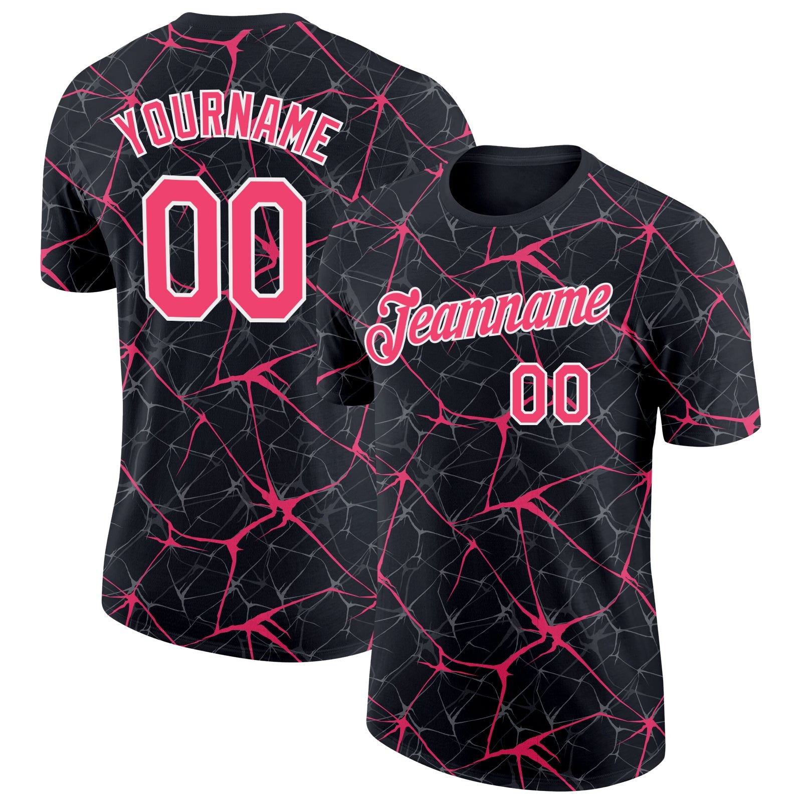 Custom Black Neon Pink Gray-White Abstract Network Crackle Performance T-Shirt - Main View
