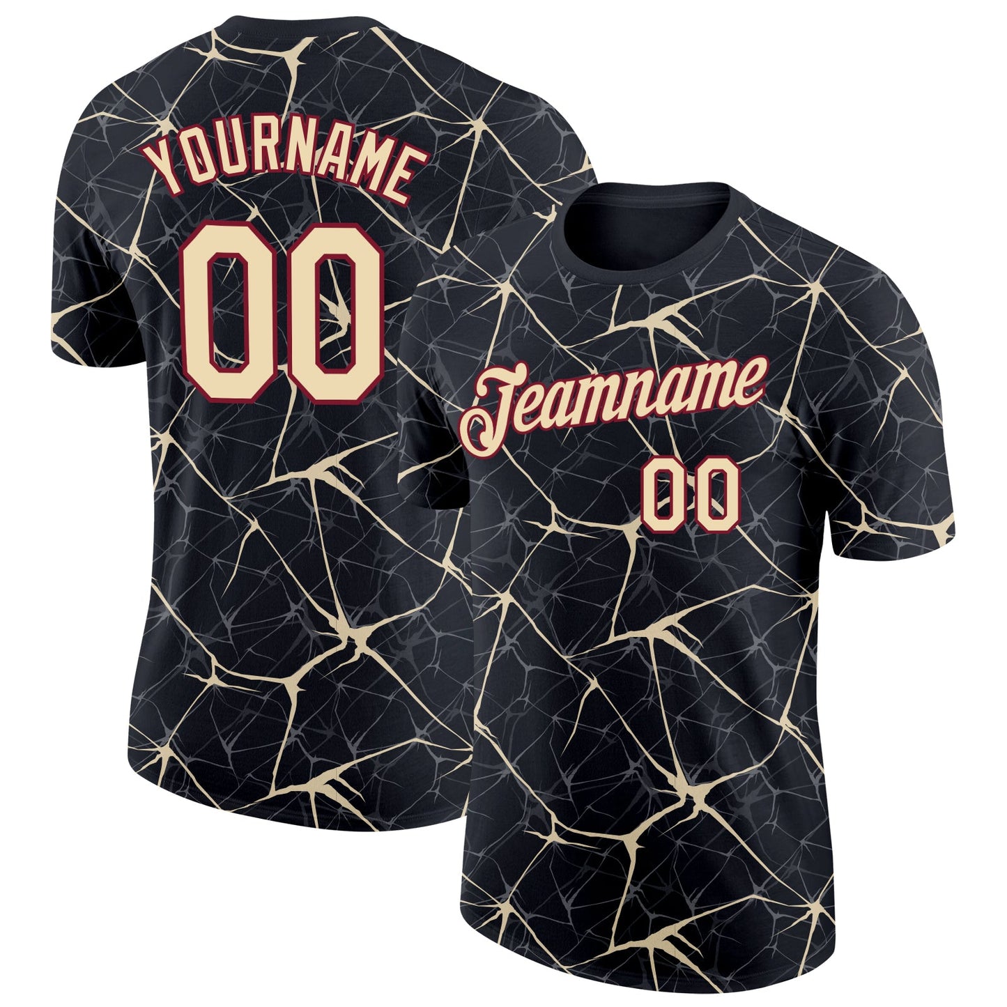 Custom Black Cream Gray-Crimson Abstract Network Crackle Performance T-Shirt - Main View