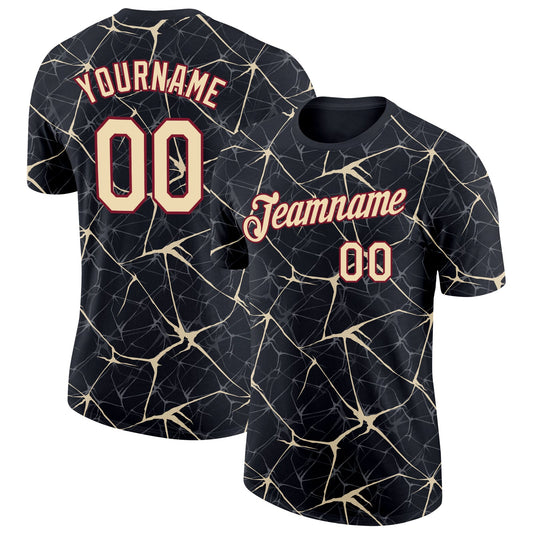 Custom Black Cream Gray-Crimson Abstract Network Crackle Performance T-Shirt - Main View