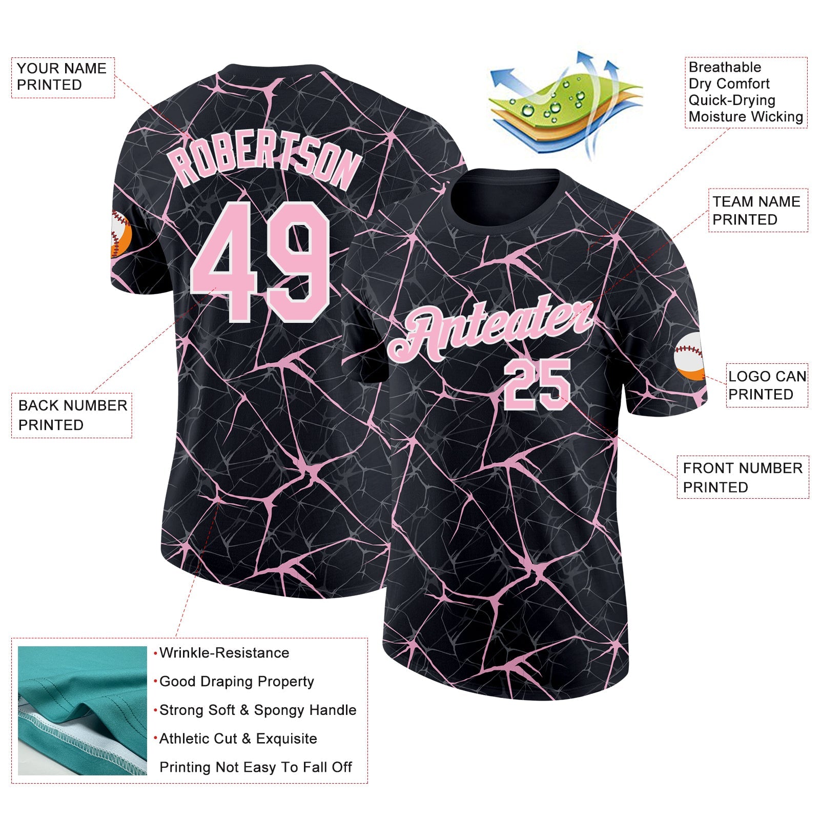 Custom Black Light Pink Gray-White Abstract Network Crackle Performance T-Shirt view 2