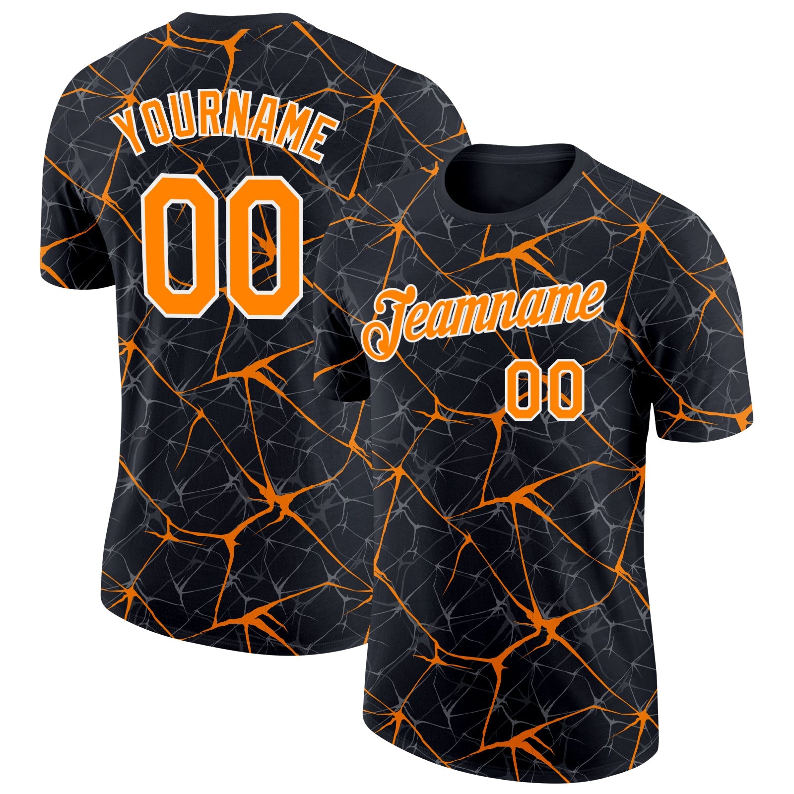 Custom Black Bay Orange Gray-White Abstract Network Crackle Performance T-Shirt - Main View