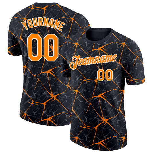 Custom Black Bay Orange Gray-White Abstract Network Crackle Performance T-Shirt - Main View