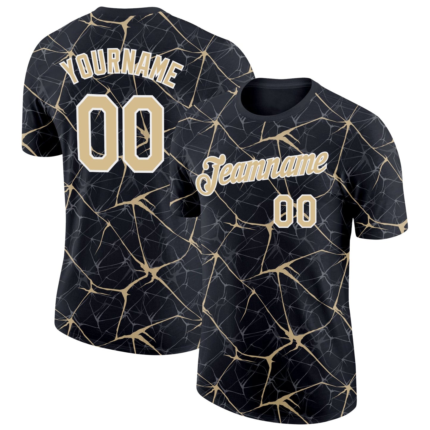 Custom Black Vegas Gold Gray-White Abstract Network Crackle Performance T-Shirt - Main View